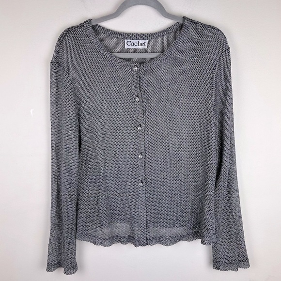 Cachet | Vintage 90s Mesh Metallic Cardigan Silver Black Rhinestone Buttons | M - Picture 2 of 11